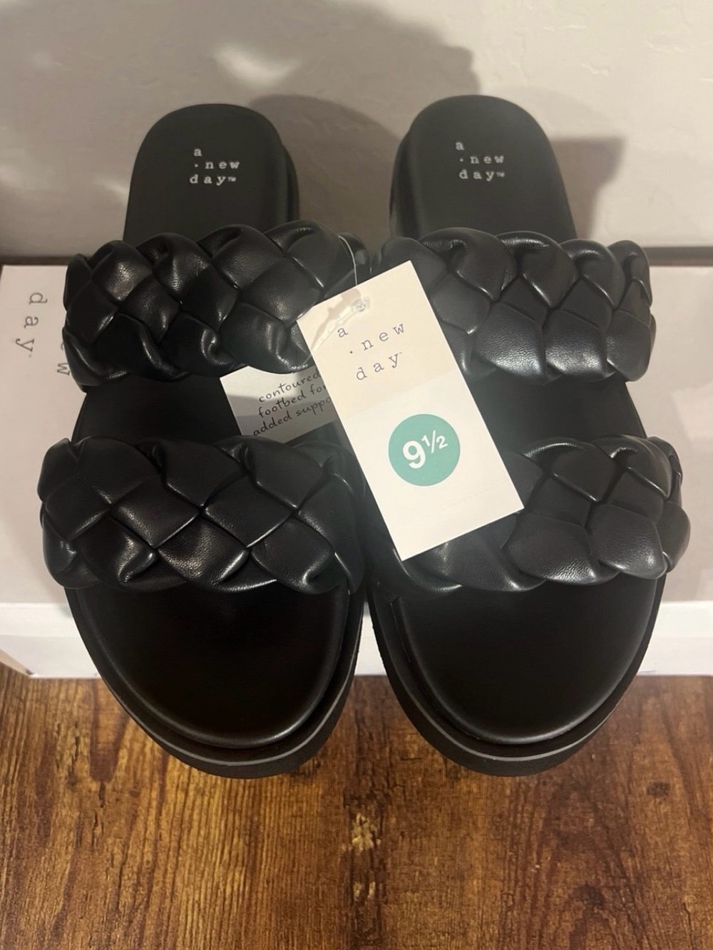 a new day Black Braided Double-Strap Slide Sandals Size 9.5